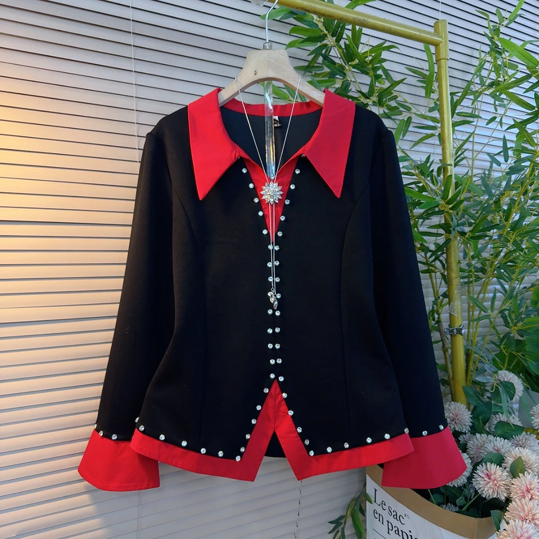 9180欧货时尚翻领假两件订珠时尚气质显瘦设计感长袖套头衬衫上衣