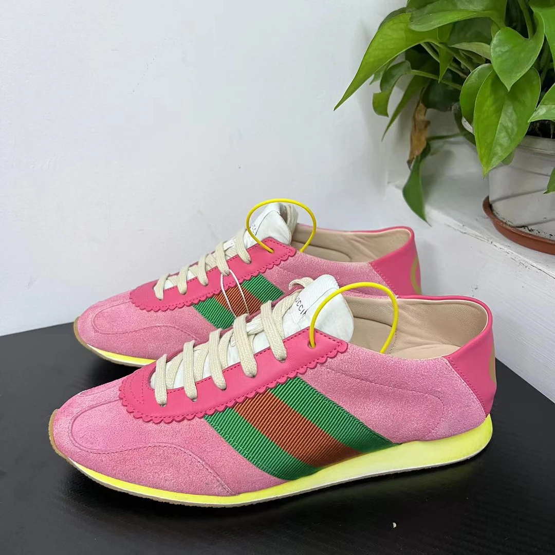 95新 GUCCI/古驰 38欧码芭比粉麂皮阿甘运动鞋无配件成色自定义