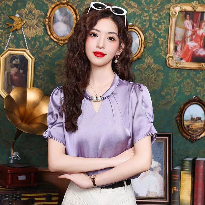 气质短袖衬衫2025纯色新款女夏季洋气时尚设计感上衣独特别致小衫