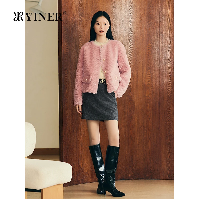 YINER音儿专选2025冬季新款法式静奢风澳洲羊毛美羊卷拼接短外套