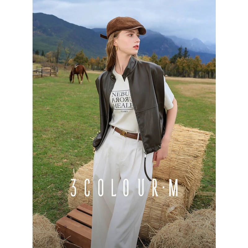 三彩2025春季新款立领蛋白PU皮马甲宽松无袖拉链叠穿短款外套女M