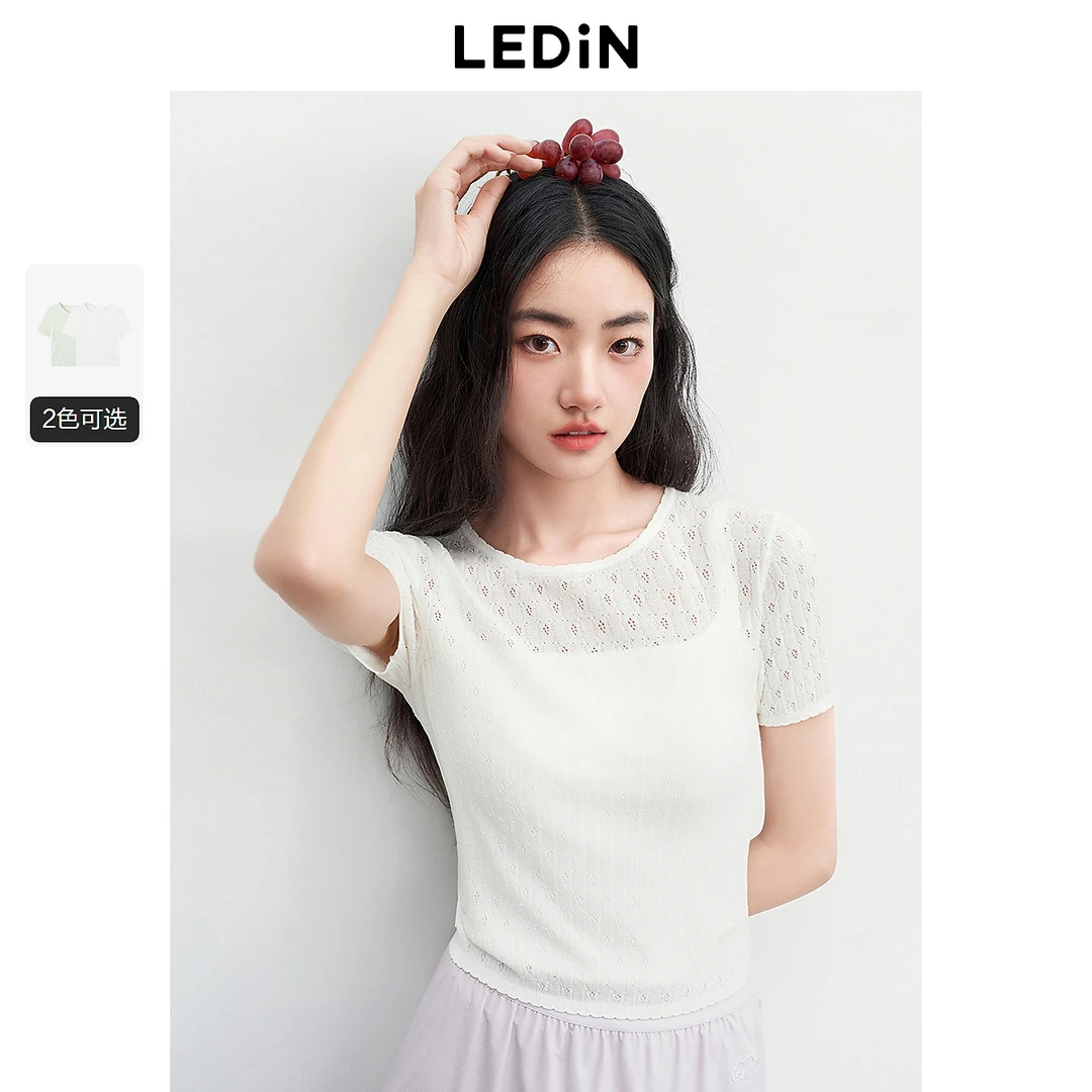 乐町精致少女感提花线套衫女2025年夏季新款花边针织圆领短款短袖