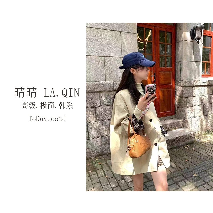 晴晴家-【巴黎铁塔】早春韩系时尚老钱风格子袖翻领风衣外套5341