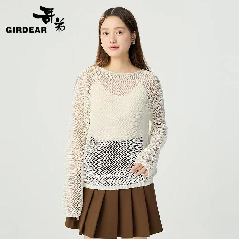 GIRDEAR/哥弟138036时尚百搭长袖宽松慵懒风镂空针织衫秋季套头