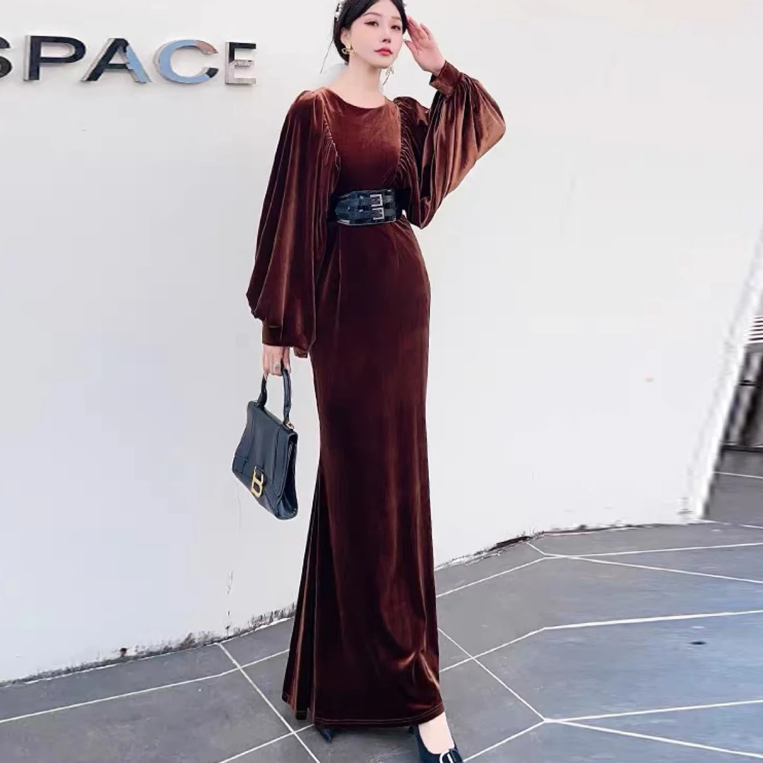 61665-G-1-1-1 秋冬加厚丝绒灯笼袖气质修身连衣裙显瘦鱼尾裙长裙