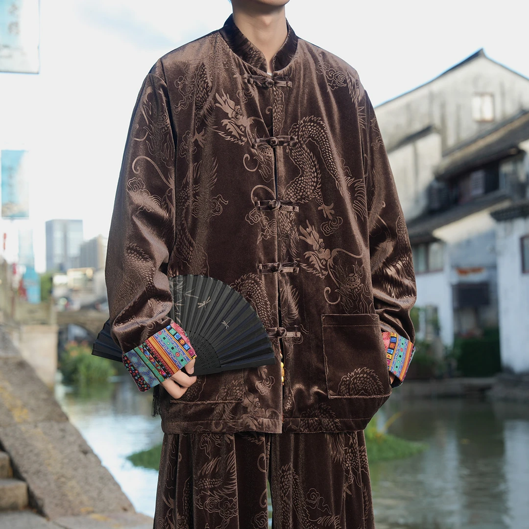 高级感金丝绒外套男款秋冬季新中式国风龙纹提花唐装汉服宽松马褂