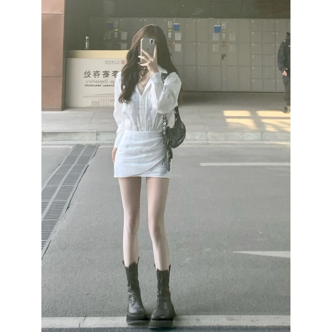 韩系高级感超好看修身包臀短裙法式漂亮独特镂空衬衫连衣裙2025春