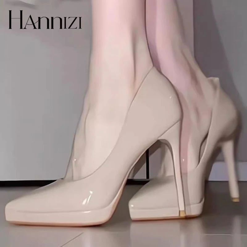 hannizi裸色浅口高跟鞋红底女细跟防水台单鞋气质尖头职业女鞋