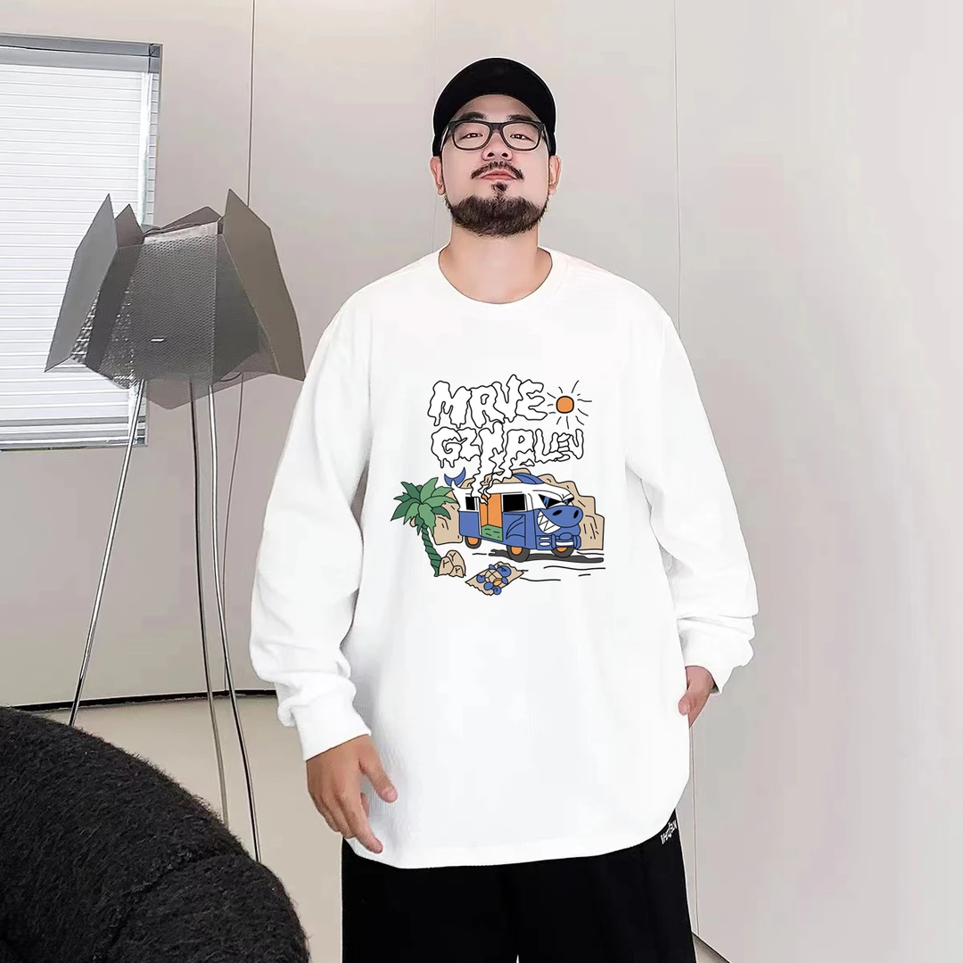 潮男大码T恤休闲长袖卡通印花情侣上衣打底衫男士潮流秋冬纯棉T恤