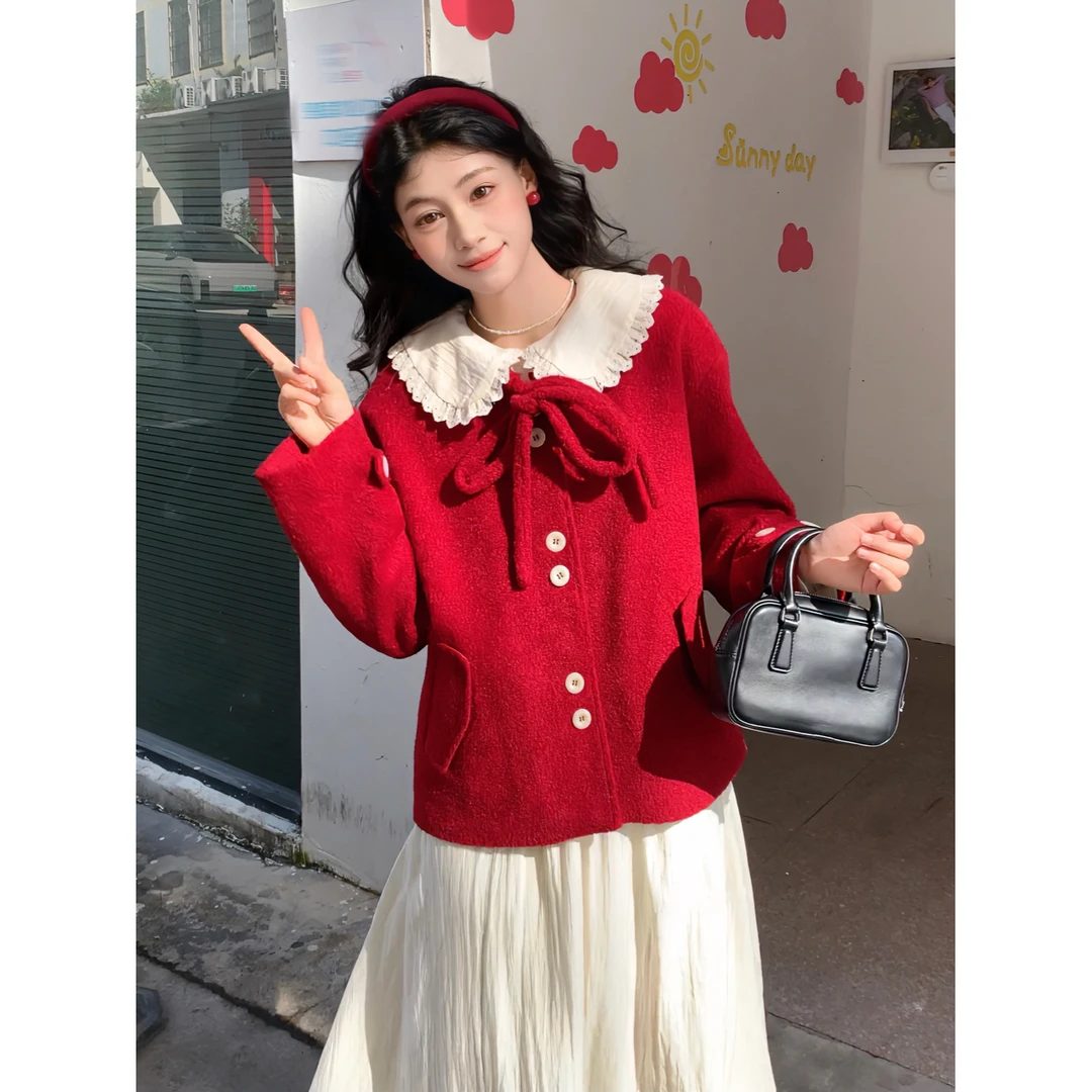 张汽水红色外套女圣诞新年穿搭娃娃领连衣裙两件套DY2025282