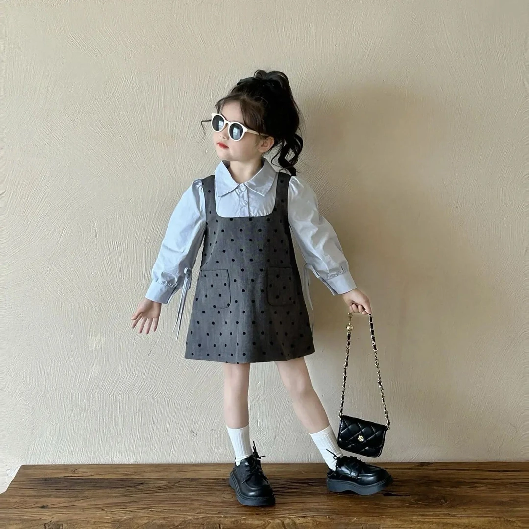 童装女宝宝长袖假两件衬衫裙连衣裙2025春季新款女童学院风波点裙