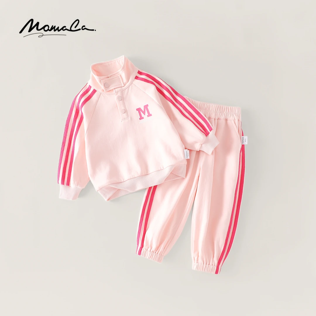 MOMOCO2025款春季女童拼接条纹粉色可爱套装时尚套装77520580003