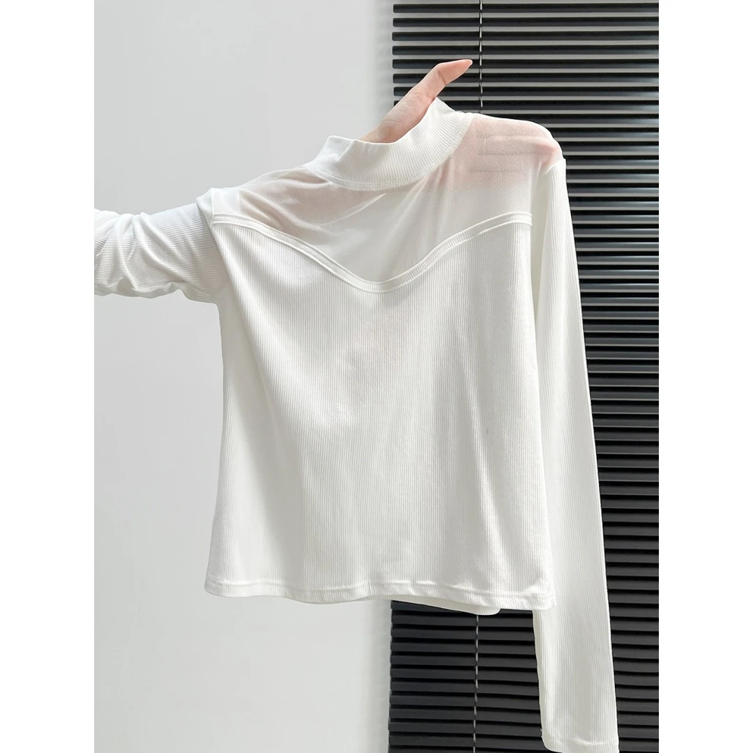 自留款推荐~早秋冬新款法式美拉德纯欲风网纱拼接长袖t恤打底衫女