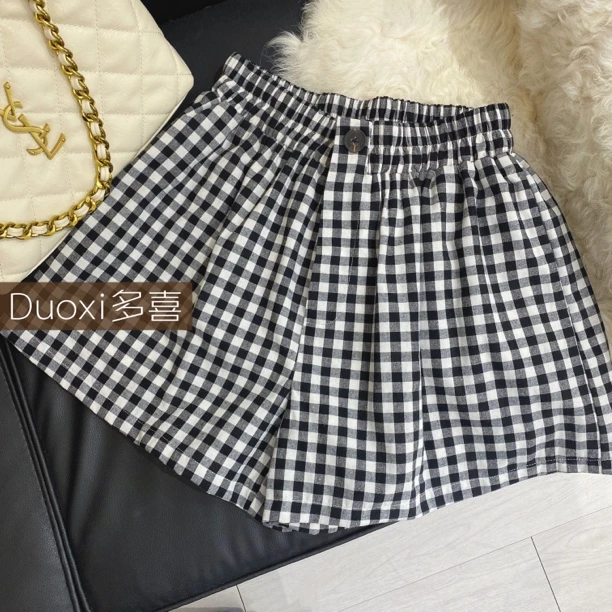 【Duoxi】"格子裤"夏季新款 A字版型休闲阔腿短裤显瘦百搭高腰G523#