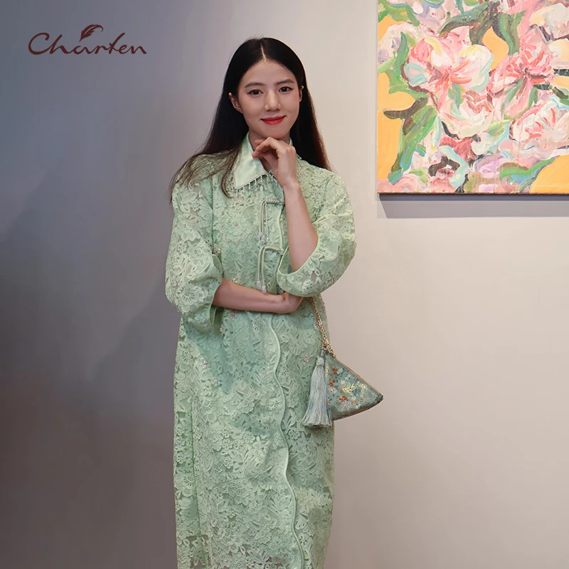 朝峰复古国风镂空蕾丝气质连衣裙CFE3G091-0102G