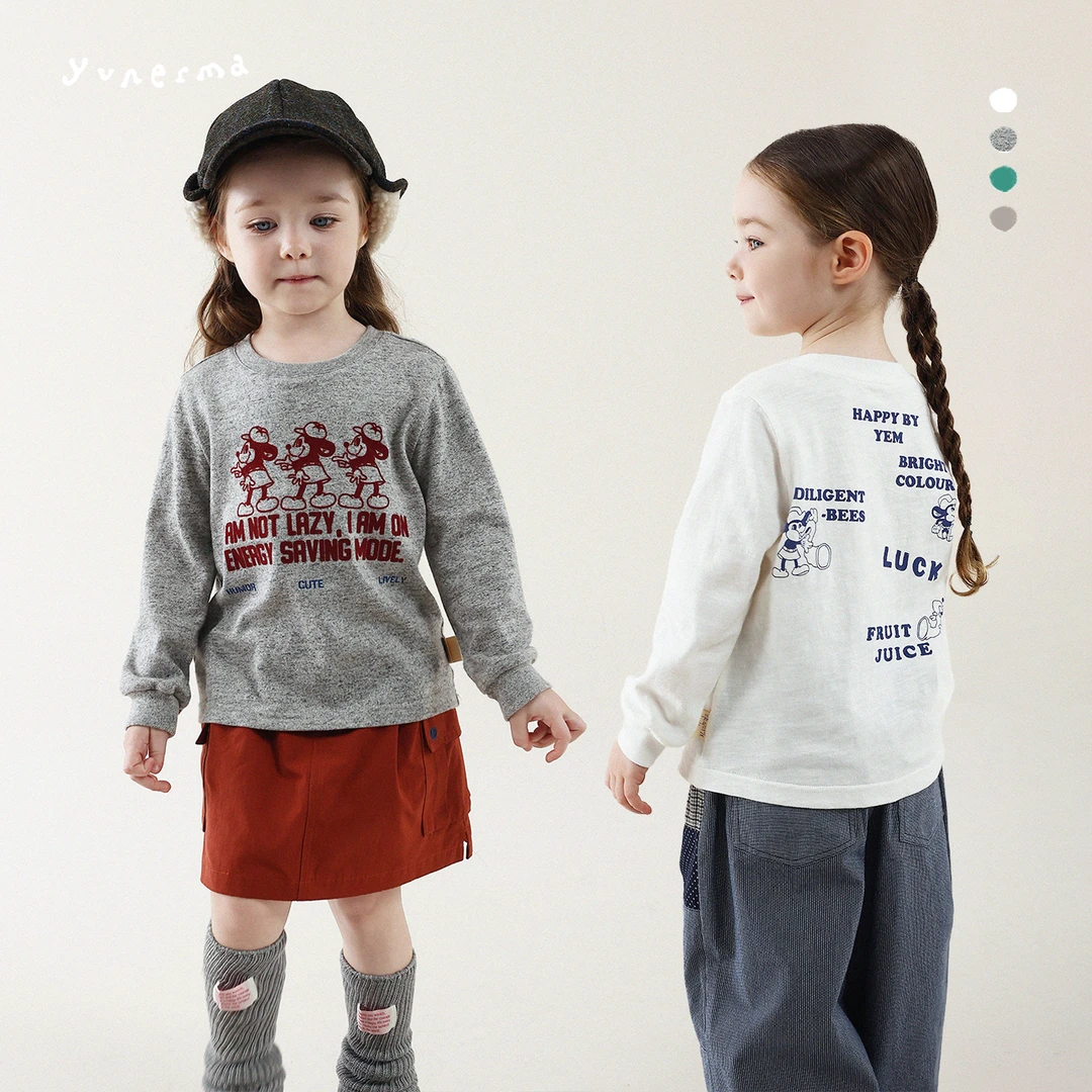 允儿妈女童秋季新款日系植绒印花长袖 宝宝春秋纯棉T恤儿童上衣潮