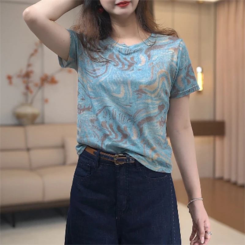 2025新款花色设计感短袖T恤女夏季薄款圆领休闲时尚修身百搭上衣