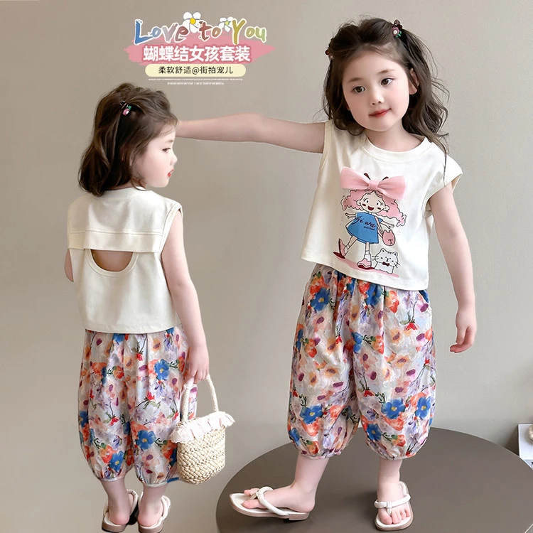 【纯棉套装】夏日甜美女童背心套装女宝宝后背镂空碎花防蚊裤两件套