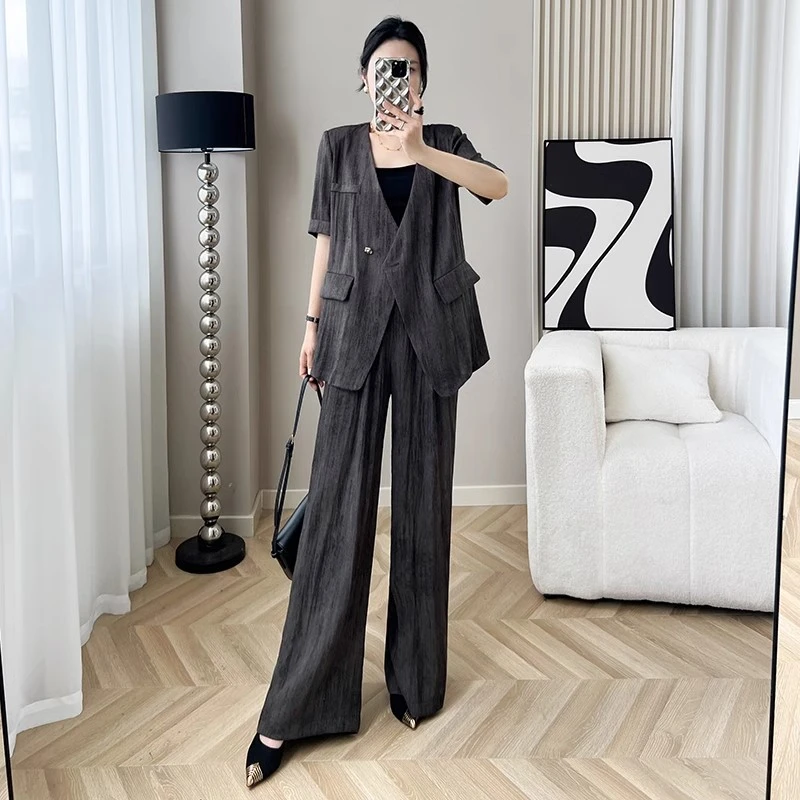 大码薄款短袖西装套装女夏胖mm宽松休闲时尚总裁西服阔腿裤两件套