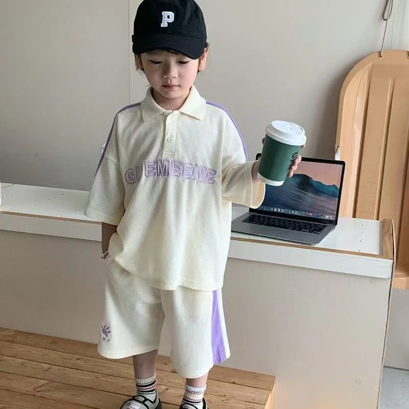 【编号R630】GT3203-12-儿童绣字母翻领T短裤套装 米色-GMF