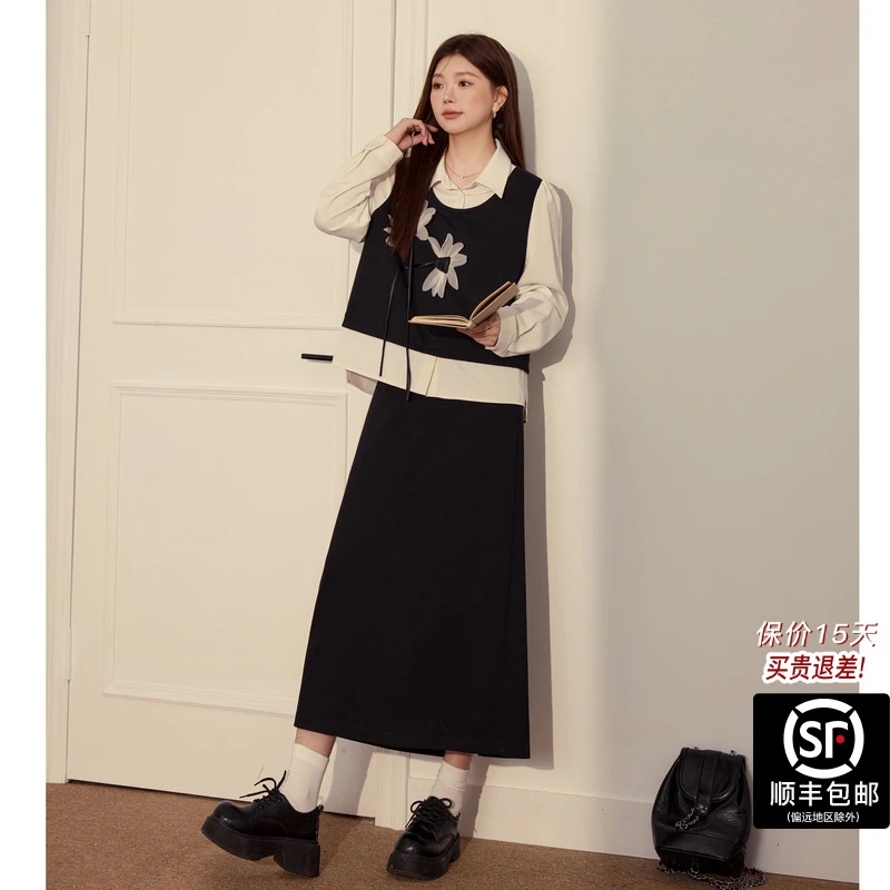 蓝语大码女装胖mm时尚气质假两件长袖衬衫2025秋冬款宽松显瘦上衣