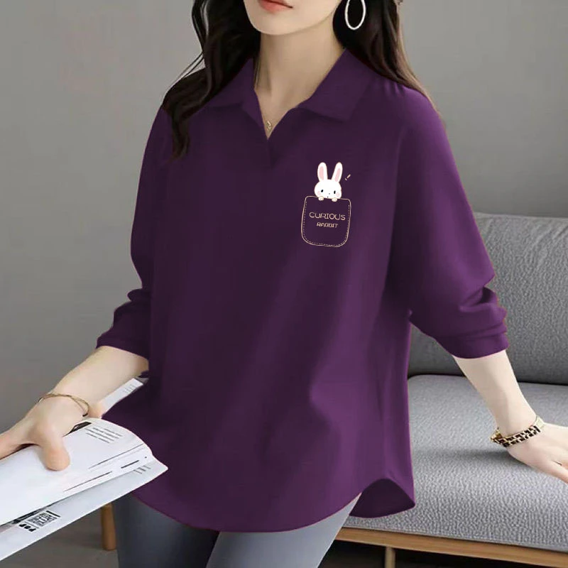 长袖宽松POLO衫女士2025秋季新款100%纯棉不规则下摆简约减龄T恤