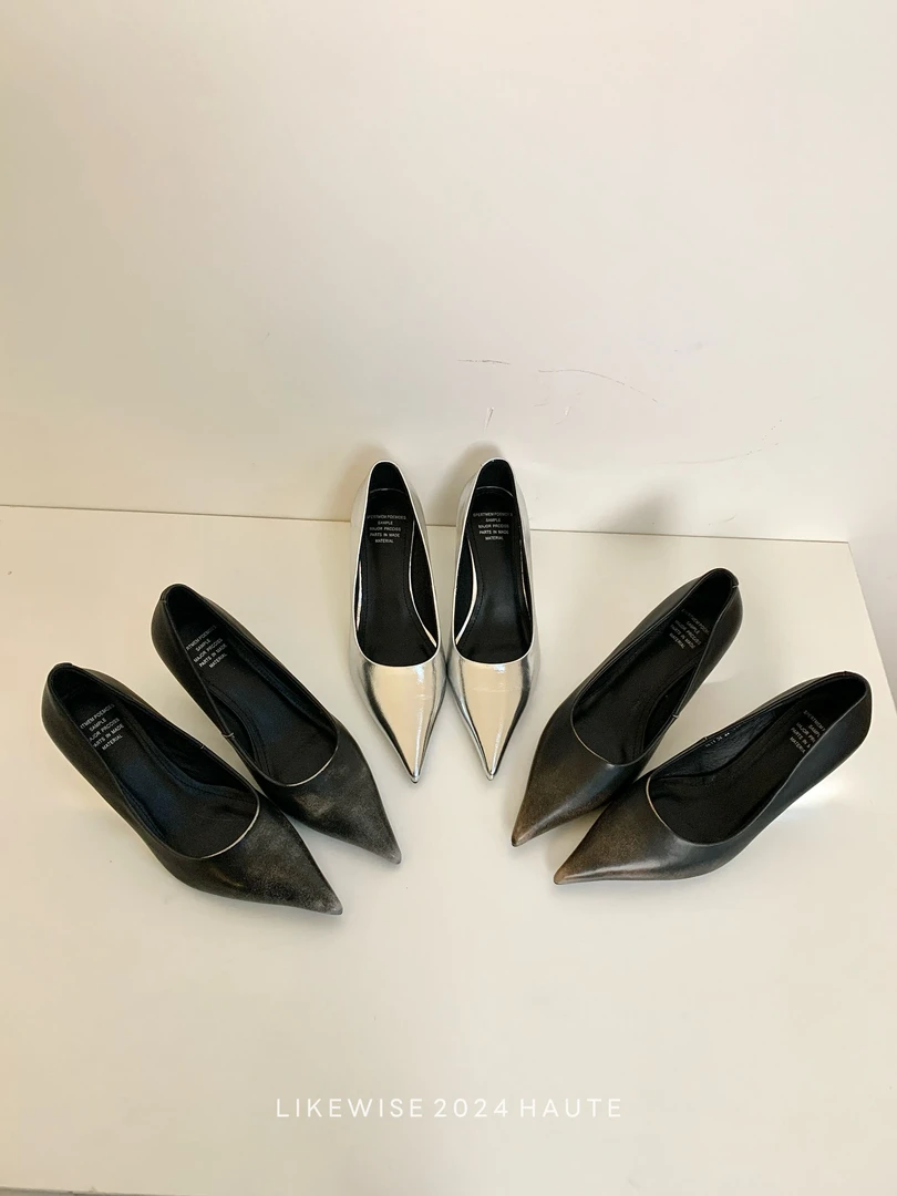 LIKE WISE HAUTE · 6CM坡跟尖头真皮手工擦色百搭四季单鞋高跟鞋