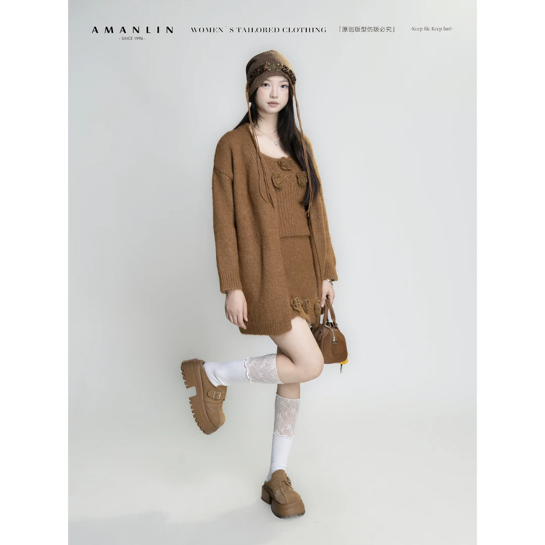 AMANLIN/阿谩琳琥珀复古休闲长款外套时尚流光时尚套装Y602005