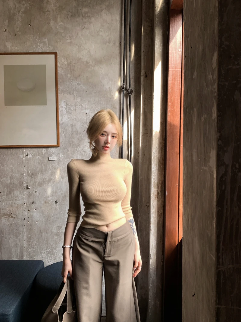 辣妹正肩半高领针织衫女夏季新款气质修身短款性感露脐打底衫上衣