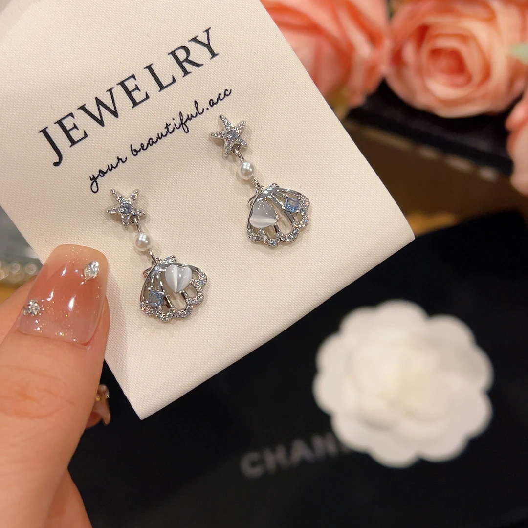 铜合金合成锆石耳饰 【雅米】星星贝壳吊坠耳环设计小众精致时尚