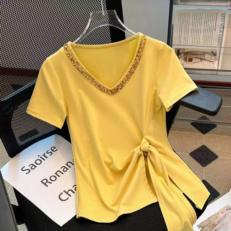 2-300斤特大码亮片短袖v领t恤女夏季新款不规则小众收腰显瘦上衣