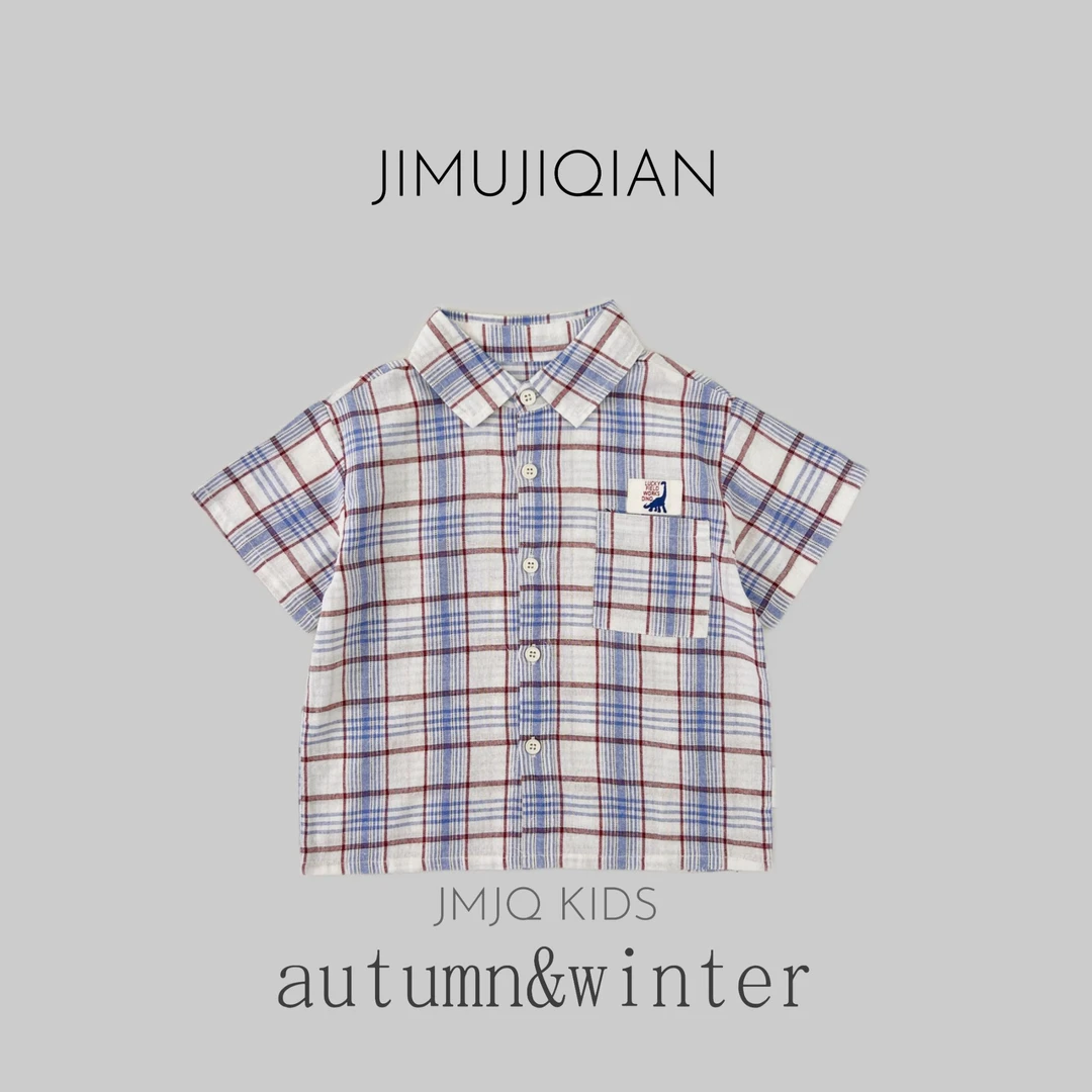 JMJQ夏季韩版中小童色织撞色格子薄款上衣翻领衬衫25225
