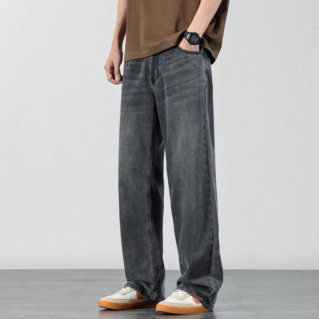 莱赛尔天丝牛仔裤男士2025春夏薄款宽松直筒长裤冰丝垂感阔腿裤子