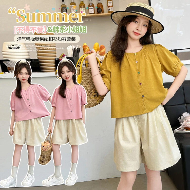 女童T恤套装夏装2025新款女孩时尚短袖t女大童时髦休闲短裤两件套