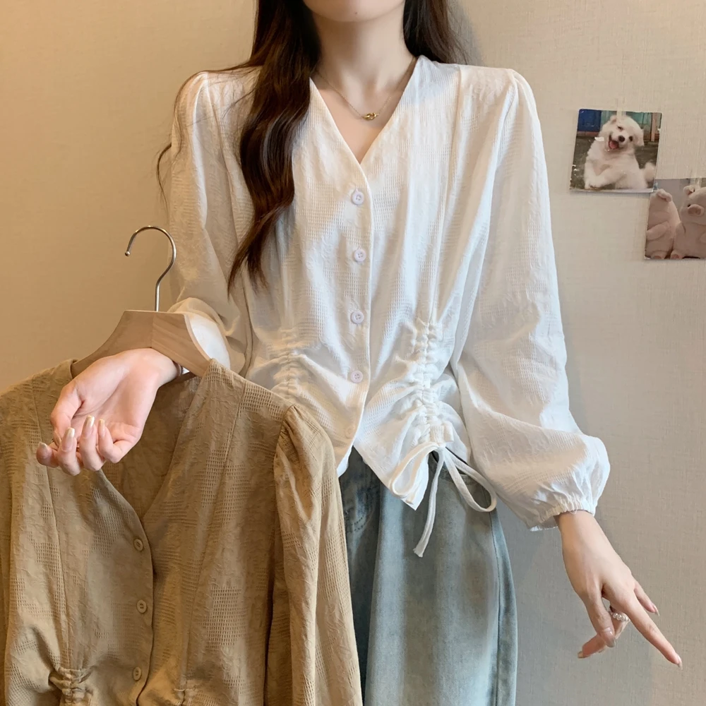 胖妹妹2025秋季大码女装遮肉显瘦百搭上衣V领抽绳长袖小衫