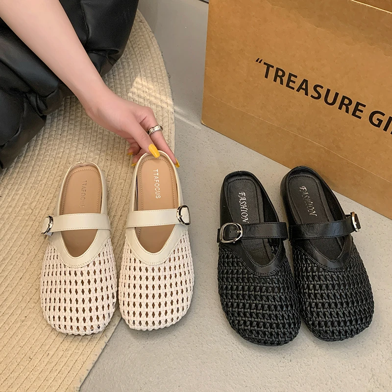 平底镂空编织网面拖鞋2025夏季新款休闲软底百搭一脚蹬包头半托鞋