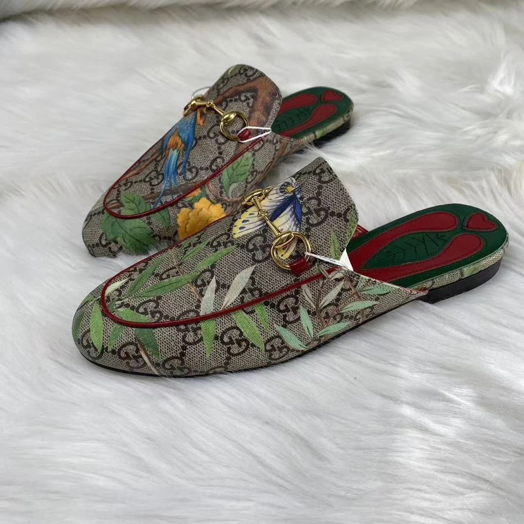 GUCCI/古驰37码/仔仔/无配件/棕色印花金标花卉穆勒半拖 wsp161