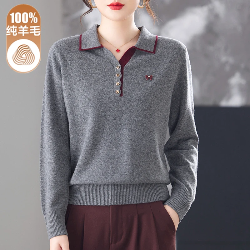 妈妈秋冬新款100%纯羊毛衫中老年女装气质翻领毛衣宽松针织打底衫