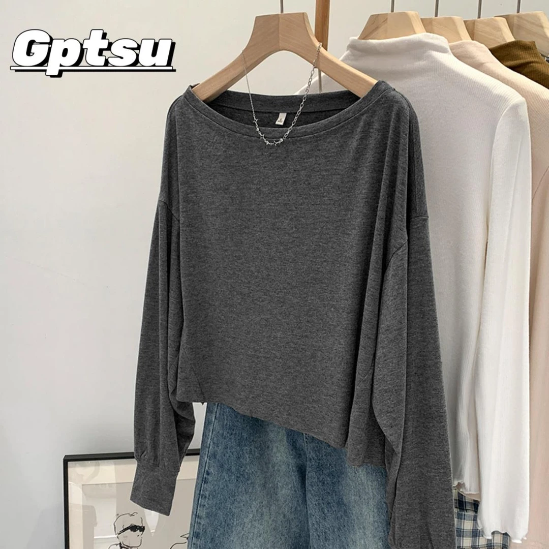 GPTSu2025新款时尚法式蝙蝠袖斜肩打底衫秋季气质显瘦长袖恤宽松
