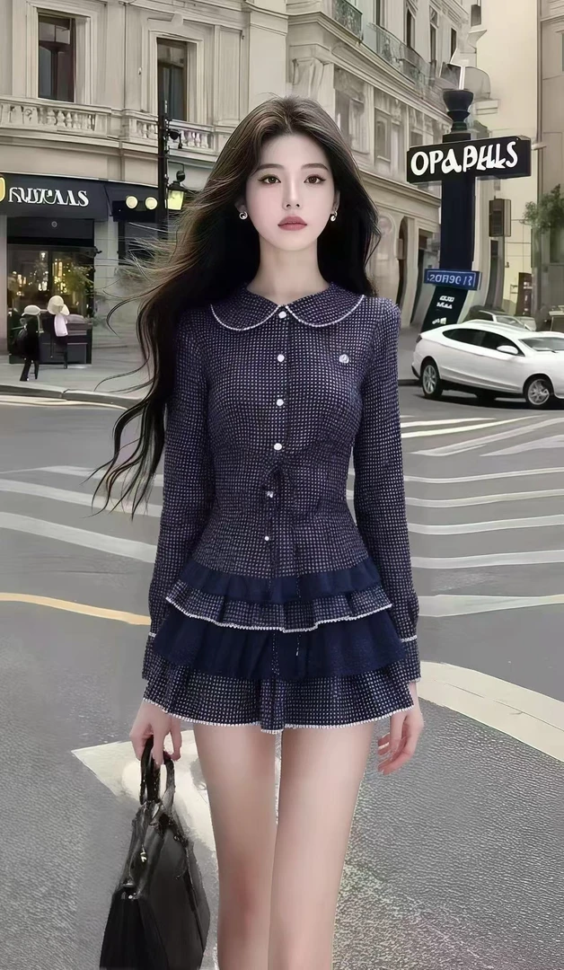 秋季时尚新款轻奢气质藏青色格子翻领单排扣长袖修身显瘦连衣裙女