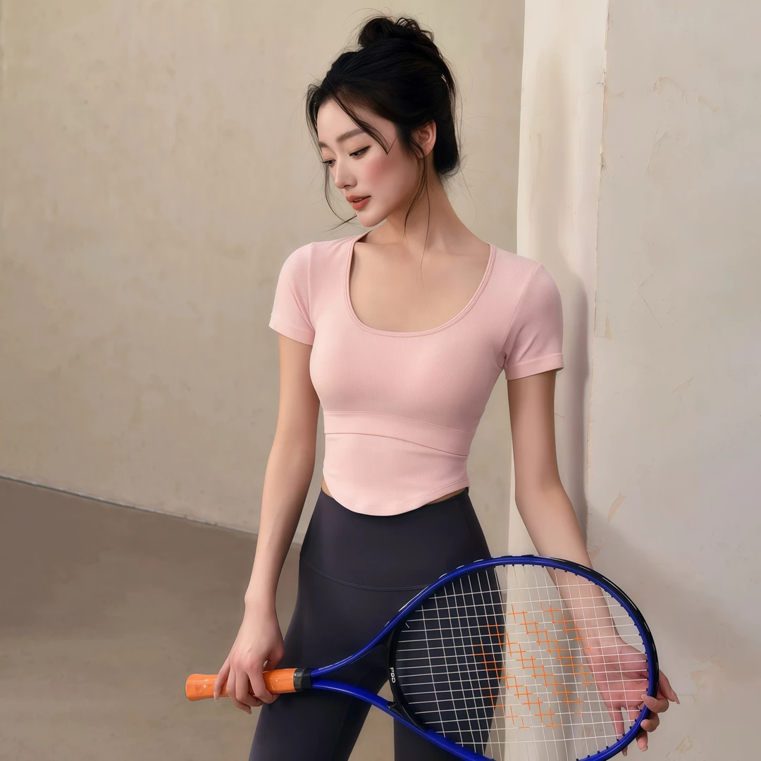 新款固定带胸垫瑜伽服短袖修身运动上衣女速干跑步显瘦健身服T恤