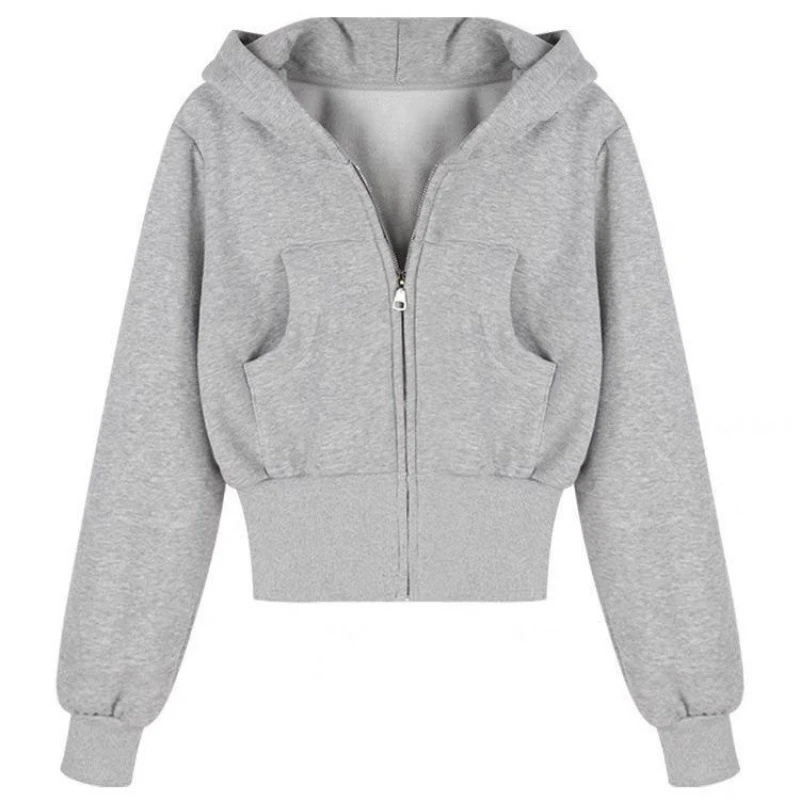 美式复古灰色连帽卫衣外套女2025春季小个子短款收腰开衫上衣