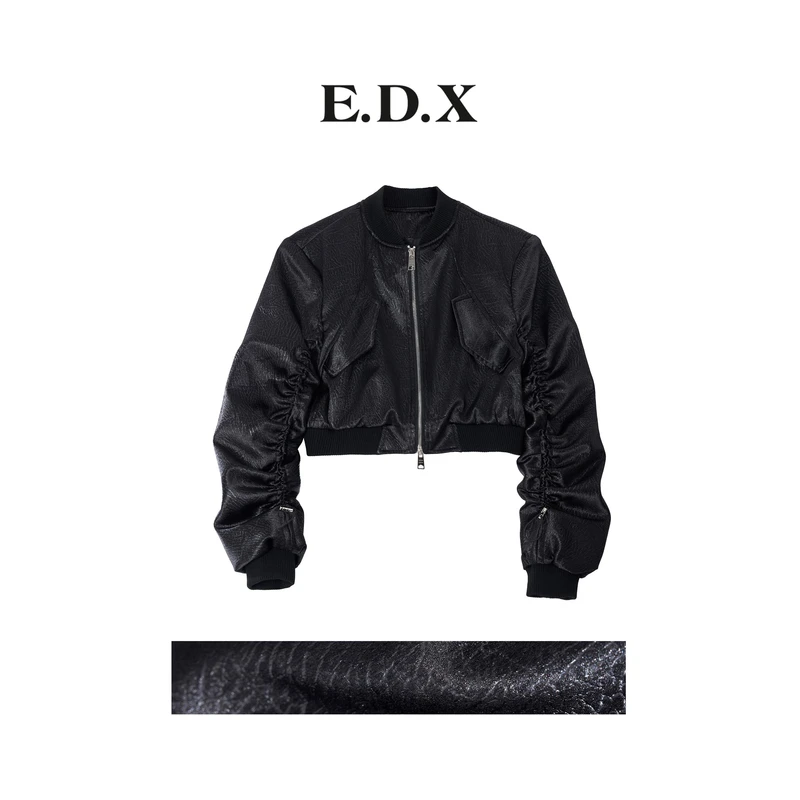 EDX原创设计美式黑色亮面纹路外套女秋冬设计感酷飒短款夹克80733