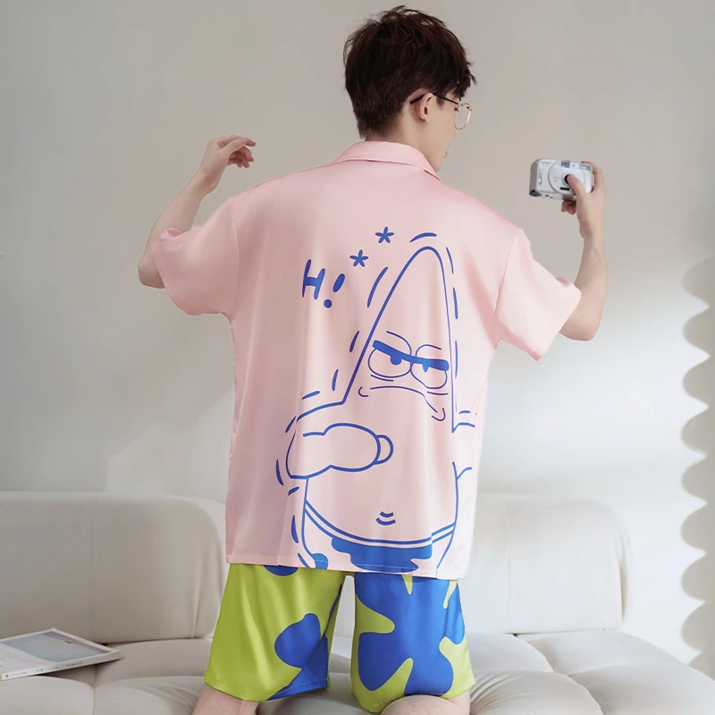 冰丝睡衣男士夏季卡通薄款短袖青少年大码男款夏天丝绸家居服套装