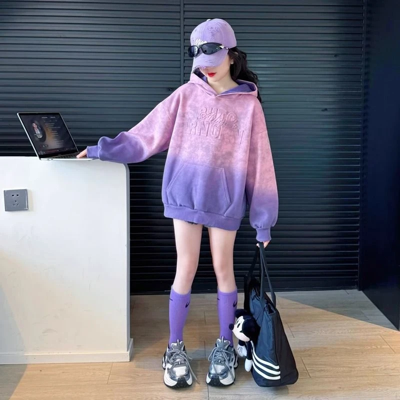 女童连帽卫衣2025新款初中生儿童春秋上衣潮酷穿搭女大童春装衣服