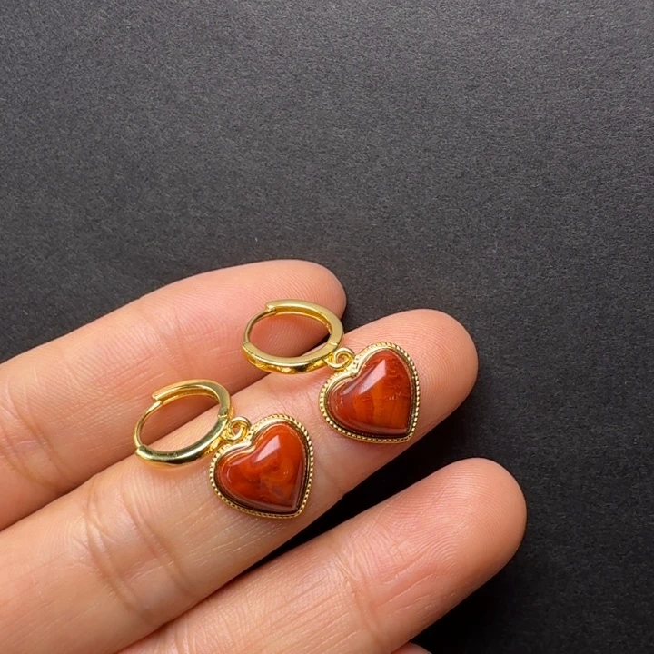 南红玛瑙银S925镀金镶嵌耳饰