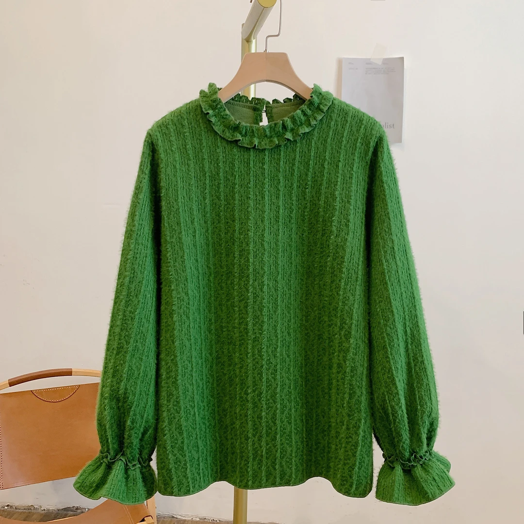 绿苔Y4049加绒提花木耳边圆领T恤