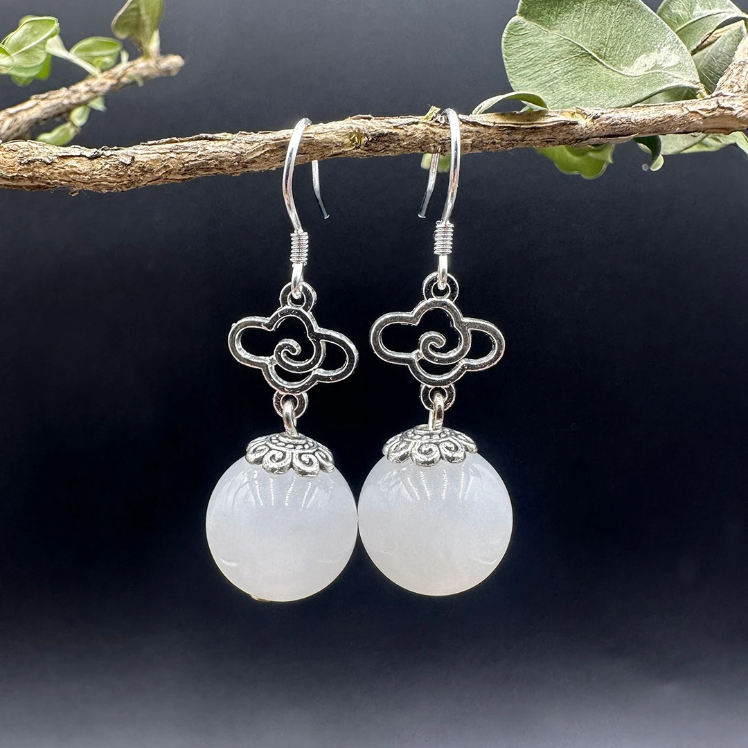 合金耳饰 999银耳钩14mm原创设计A01白色耳饰古法羊脂白耳坠耳环