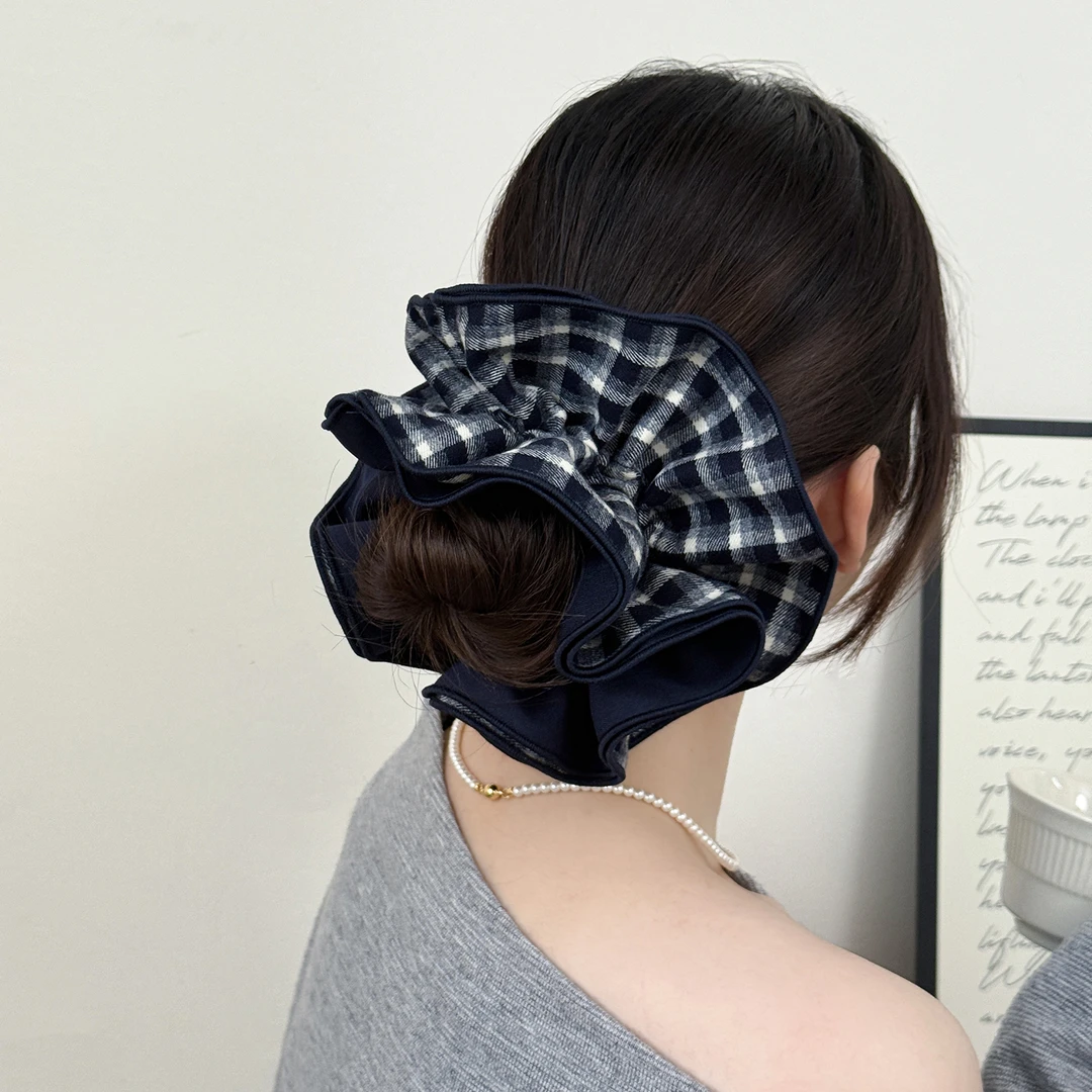 韩系复古格纹四层发圈女2025新款高级感百搭美拉德扎马尾格子头花