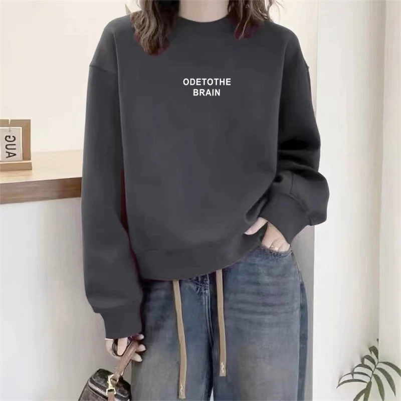 圆领套头打底衫加绒加厚卫衣女2025秋冬新款宽松韩版外套春秋薄款